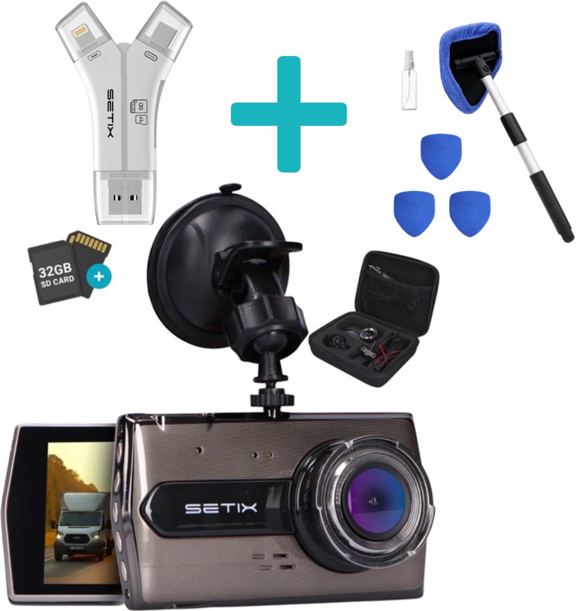 Setix Dashcam Go Met SD Card Reader en Voorruit Cleaner - Voor en Achter Camera – Inclusief 32GB SD kaart - Full HD 1080P Resolutie – Met Opbergcase tegen Diefstal - Nachtzicht – Plug & Play - Parkeermodus - 170 Graden Kijkhoek – Loop Recording –