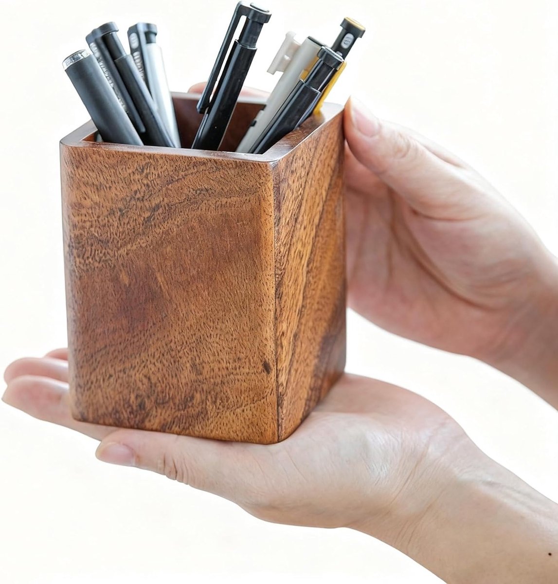 SnelShoppen - Pennenhouder Hout Bureau Organizer Massief Notenhout Vierkant Pennenbeker 10x8x8cm Geschikt voor Potloden Make-up Penselen Handwerk Kant