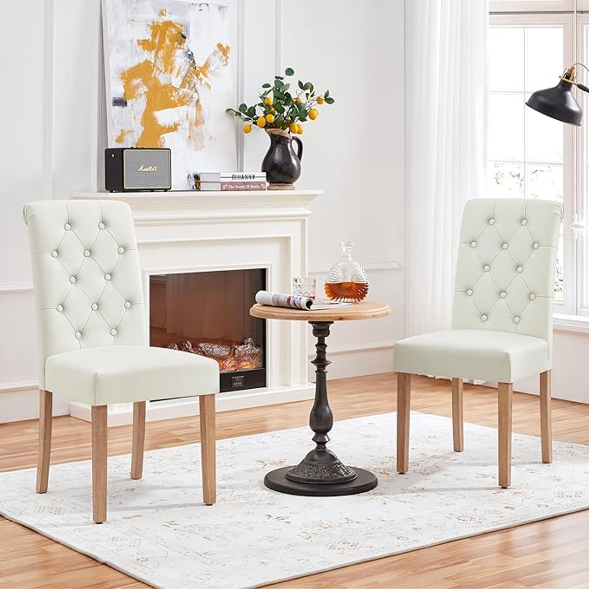 Eetkamerstoelen Set van 2 62D x 45,5B x 98,5H cm – Luxe Gestoffeerde Hoge Rug Keukenstoelen van Linnen Beige met Massief Houten Poten, 125 kg Draagvermogen, Comfortabele Schuimzitting – Laura