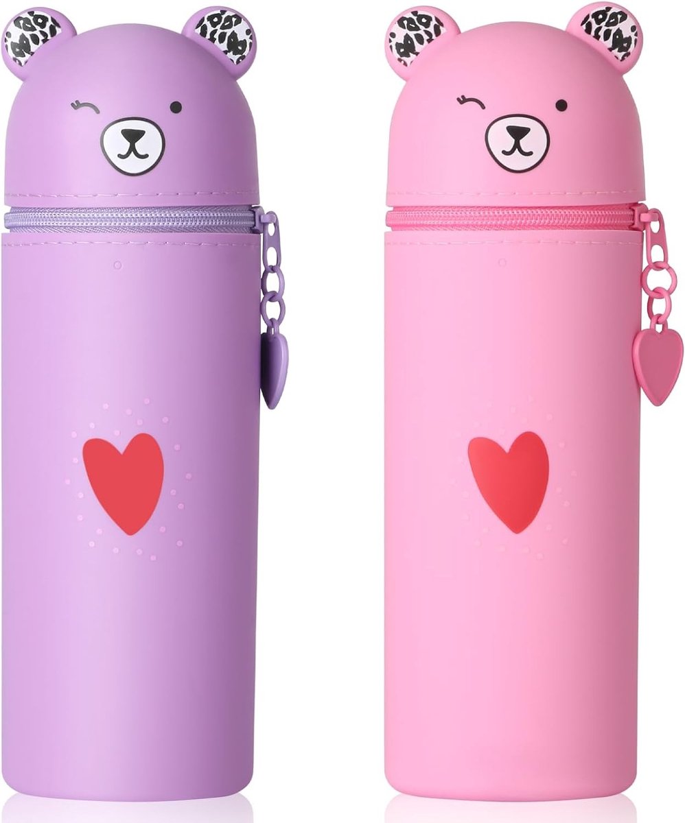 Siliconen Pennenhouder Set van 2, 2-in-1 Beren Ontwerp, 19.5 x 5.5 cm, Schattige Pennenetui voor Studenten, Tieners en Volwassenen, Roze en Paars, Cartoonstijl, Perfect voor School en Kantoor