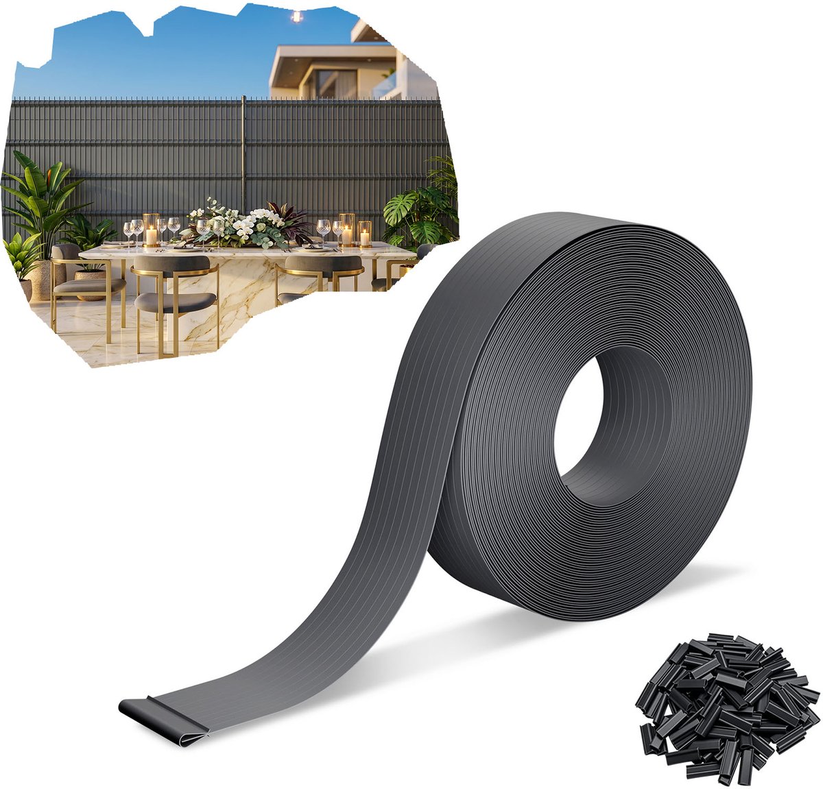 Froadp Antraciet 70 m premium PVC-privacystroken 4,7 cm voor dubbelstaafhekken, weerbestendig, UV-bestendig, scheurvast, ondoorzichtige windscherm voor tuin, balkon en terras, inclusief clips