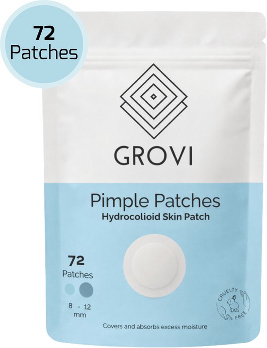 Verpakking Grovi Pimple Patches, 72 stuks, Hydrocolloid Skin Patch, 8-12 mm. Cruelty free.