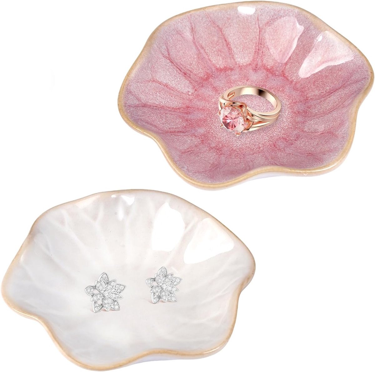 Set van 2 Keramische Sieradenkommen in Bloemvorm, Kleine Ringhouder en Sieradenopslag voor Slaapkamer en Nachttafel, Decoratieve Keramische Schalen in Wit en Roze