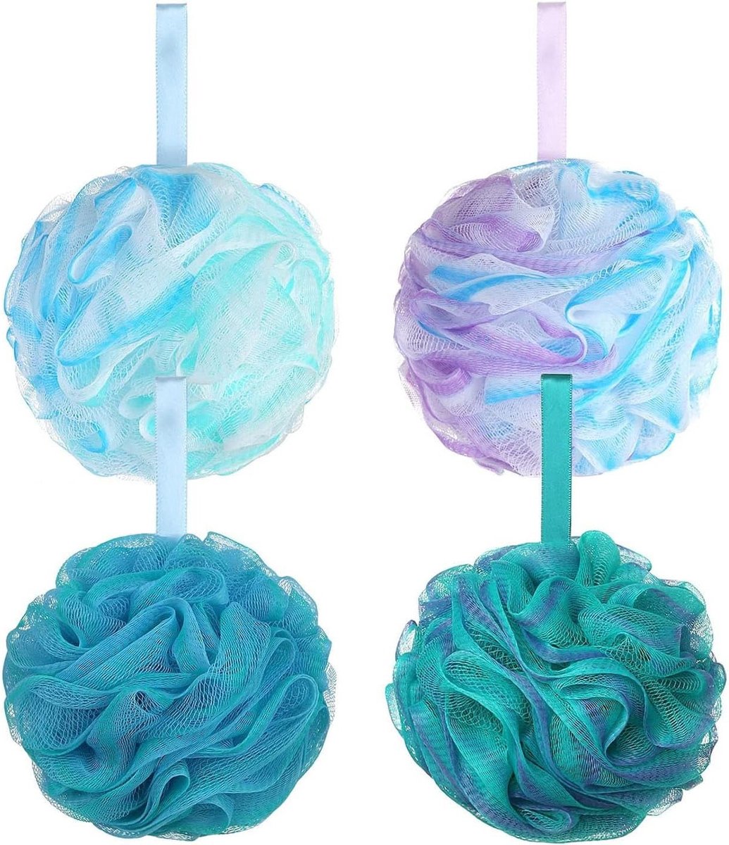 Extra Grote Mesh Douche Puff en Bad Spons - Schuimende Body Scrubber en Exfoliator in Groen en Blauw (4 Stuks, 70g per stuk)