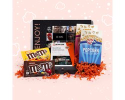Filmpakket - Filmbox cadeau met Jimmy's popcorn, M&Ms, filmcadeaukaart voor een mooi avondje thuisbios - met persoonlijk bericht