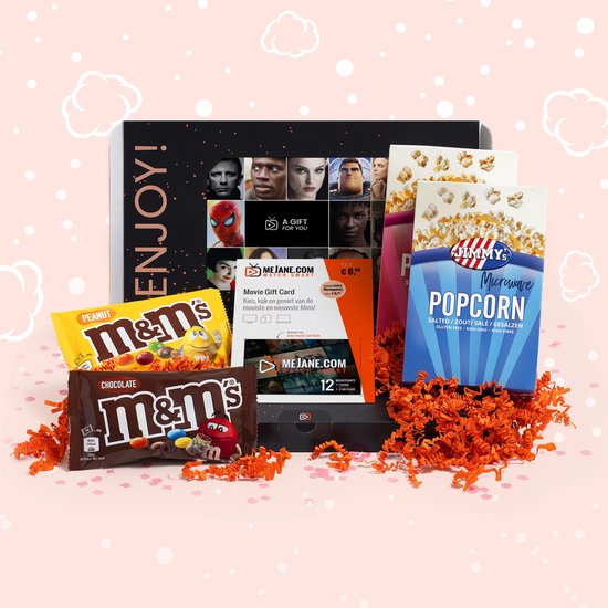 Filmpakket - Filmbox cadeau met Jimmy's popcorn, M&Ms, filmcadeaukaart voor een mooi avondje thuisbios - met persoonlijk bericht - Kerstcadeau