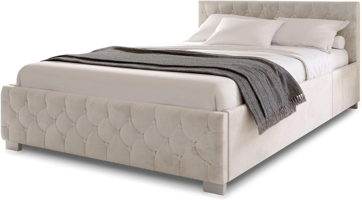 Luxe Chesterfield Velvet Bed met Opbergruimte, LED Verlichting, Geïntegreerde Lattenbodem & Gewatteerd Hoofdbord 120x200 cm - Beige