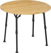 Ronde bamboe tafel met zwarte, in hoogte verstelbare poten, geïsoleerd op witte achtergrond.