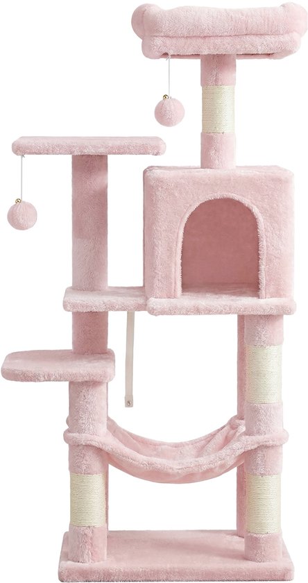 Roze kattenboom met meerdere verdiepingen, huisje, hangmat en speeltjes.