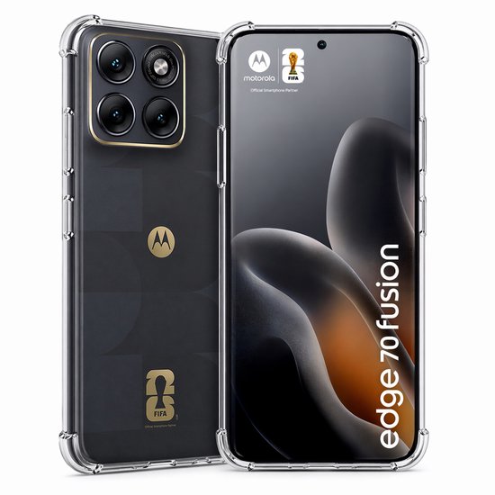 Téléphone Motorola Moto Edge 70 Fusion dans une coque transparente, montrant l'arrière et l'avant.