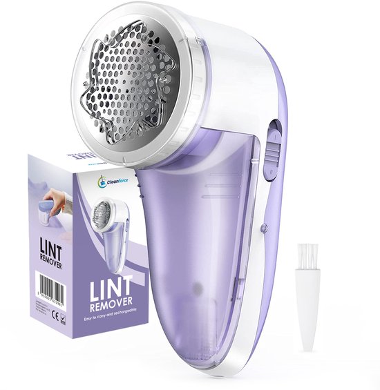 Cleanforce pluizenverwijderaar, lilac/wit, met transparante opvangbak, honingraat gaas, aan/uit knop en borsteltje.