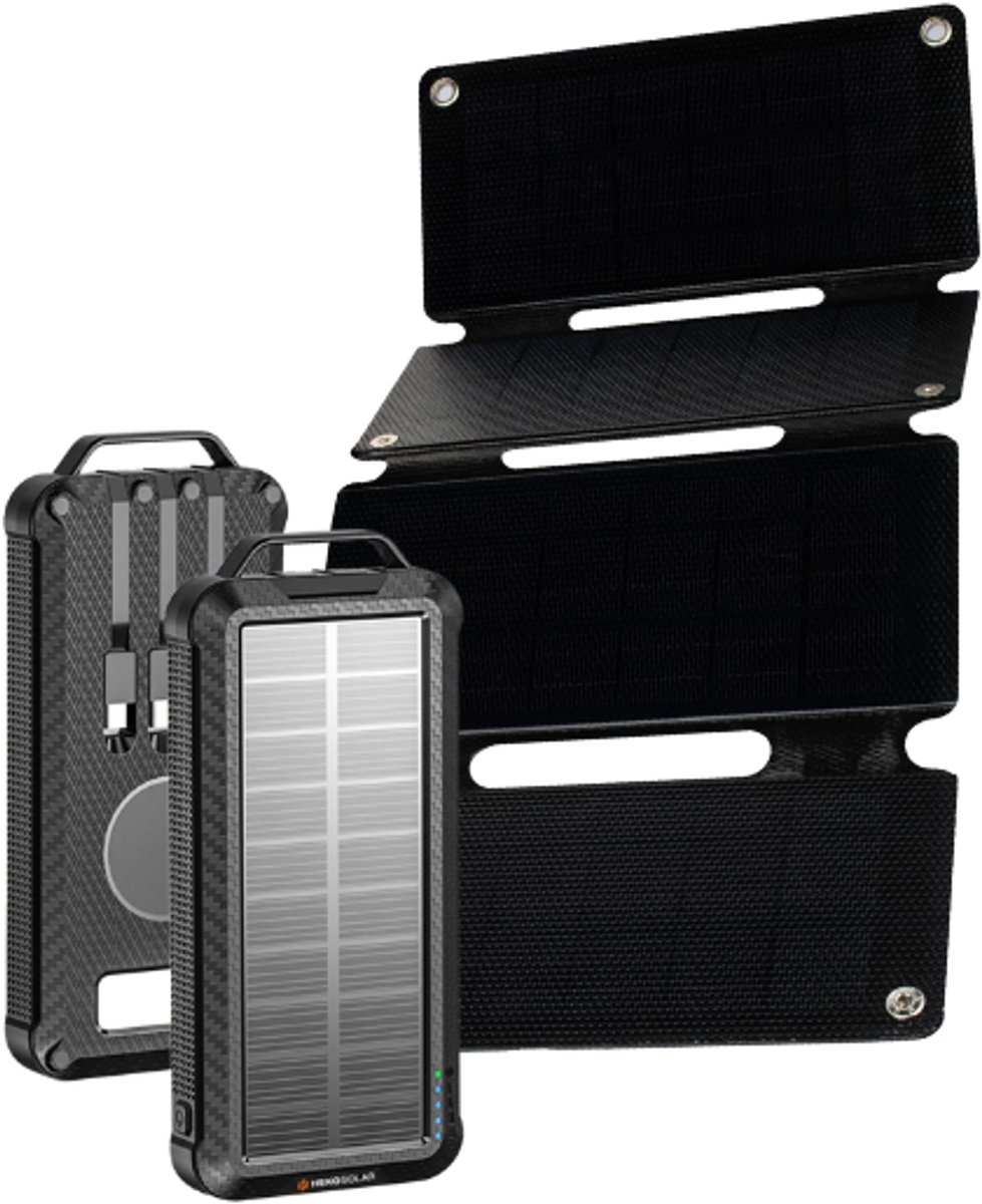 Bol.com Heko Solar® Pulse + Unfold 15 - Powerbank met Zonnepaneel - 10000mAh - Ingebouwde USB-C/Micro/Lightning Kabels - Draadlo... aanbieding