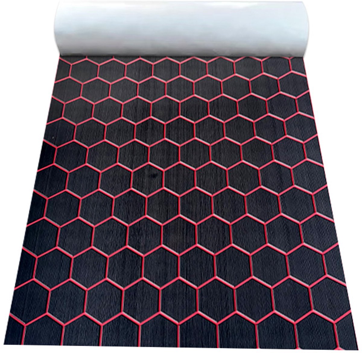 SONNNENH EVA Bootmat - Zelfklevende Vloerbedekking voor Boot & Camper - Antislip Dekzeil - Zwart/Rood Hexagon - 240x90 cm