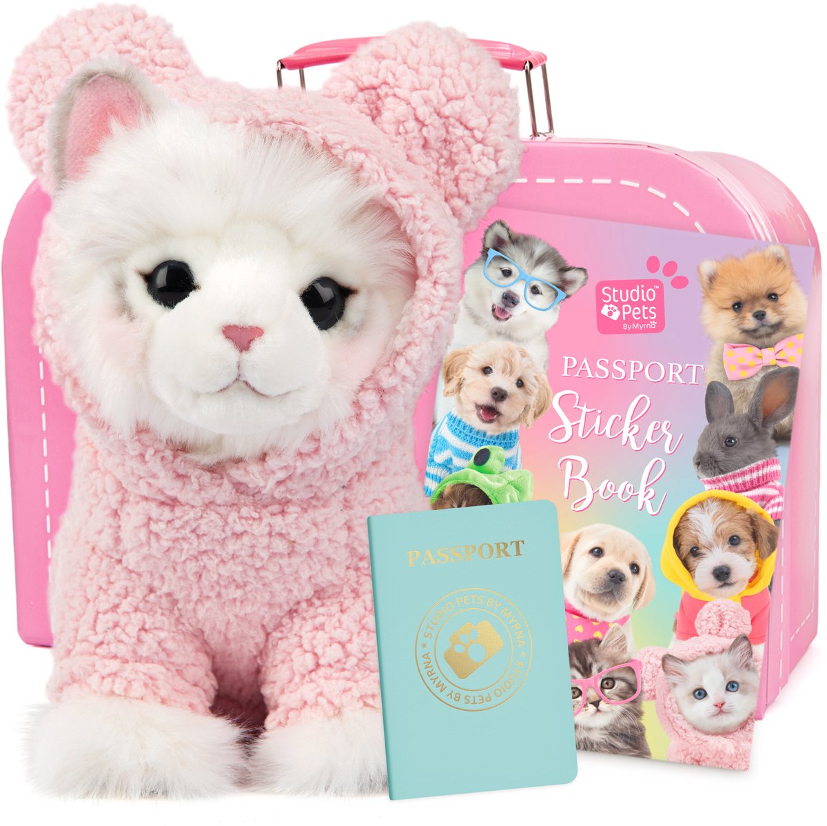 Studio Pets® Set van Knuffel Ragdoll Kat Mousie (23cm) met Roze Kartonnen Koffer, Paspoort en Stickerboek
