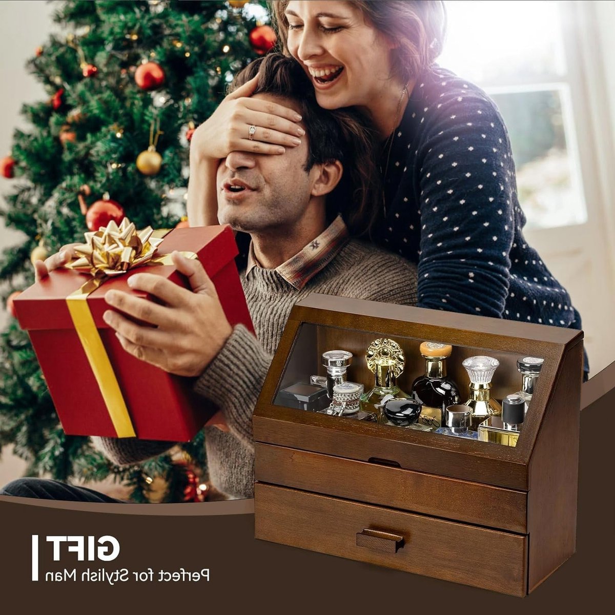 Houten Parfumhouder voor Mannen met Lade, Grote Capaciteit voor Parfum, Sieraden en Cosmetica, Perfect voor de Slaapkamer en als Cadeau