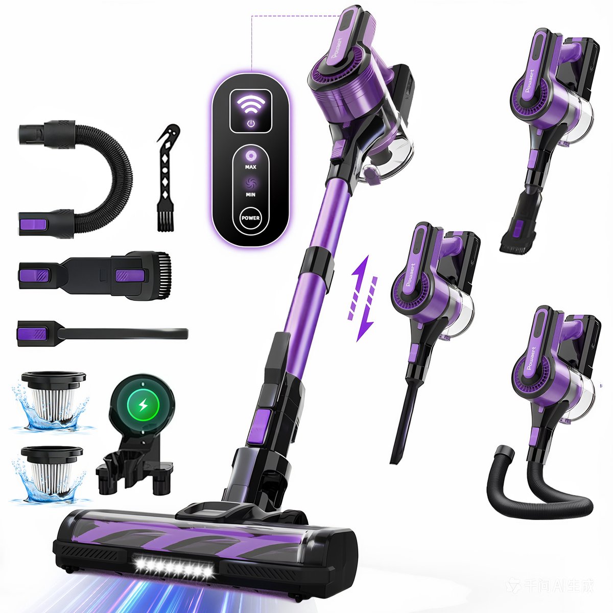 Grenintol V870 Steelstofzuiger - Snoerloze Stofzuiger met Accu - Draadloos Steelstofzuiger - 60000Pa Krachtige Zuigkracht - 350W Borstelloze Motor - 1.6L Grote Stofbak - HEPA Filter - LED Verlichting - Voor Dierenharen & Harde Vloeren - Paars
