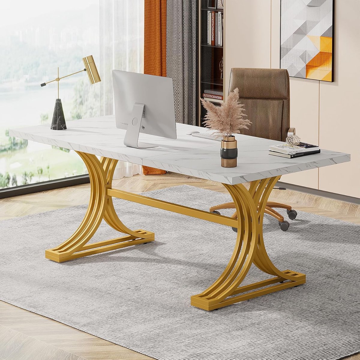 Bureau 160x80 cm Directiebureau Luxe Faux Marmer Computerbureau Thuiskantoor Werkbureau Wit Goud - Vermissen