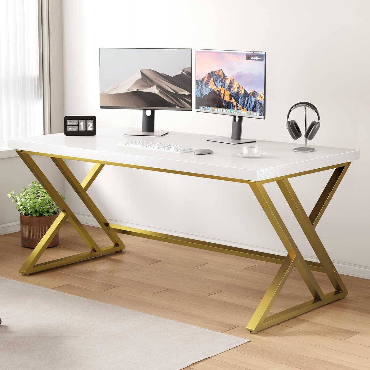 Bureau 140x60 cm Computerbureau met Opbergruimte Thuiskantoor Gaming Bureau Schrijftafel Wit Goud - Vermissen