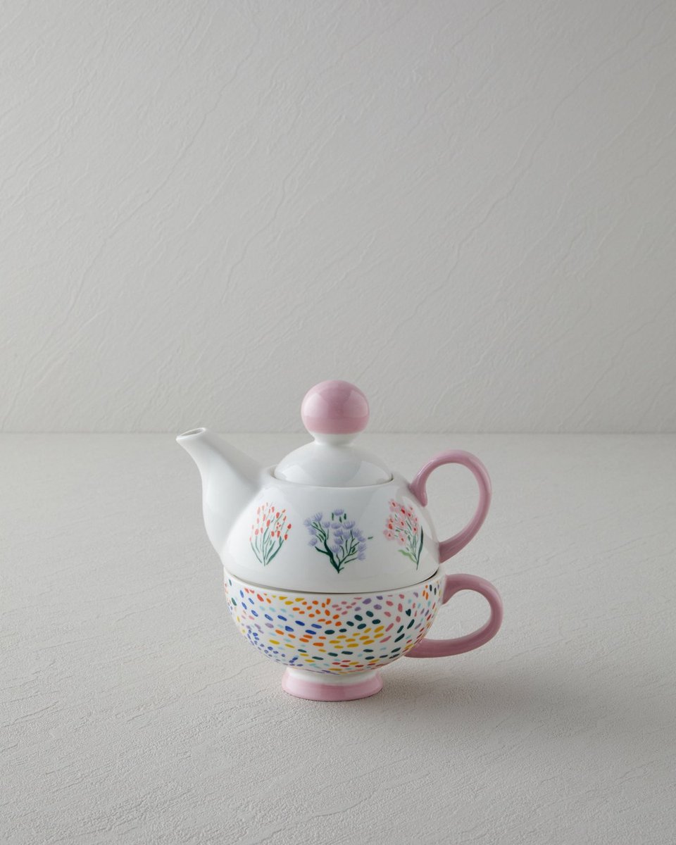 English Home Blossom Frame Bone China Theepot Set – 400 & 290 ml – Roze & Wit – Elegante Thee- en Koffieset
