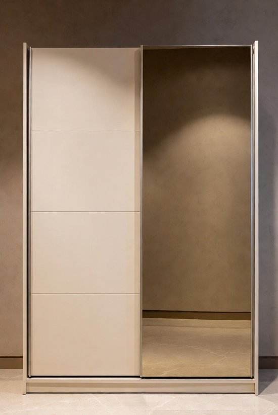 Lunoria Luxe Schuifdeur Kledingkast met Spiegel 221 cm – Kasjmier Beige – Modern Design met Soft-Close en Royale Opbergruimte | Mobili Bella