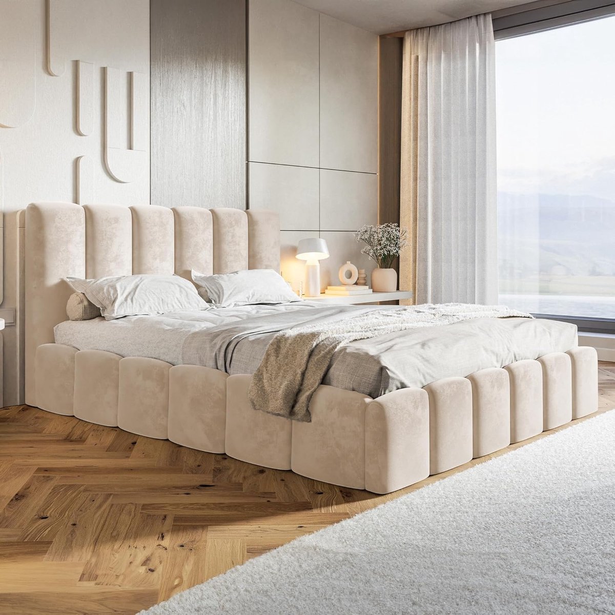 Luna Velvet Opbergbed 180x200 cm met Hoofdbord en Hydraulische Opbergruimte – Crème Beige – Luxe Gestoffeerd Bedframe met Lattenbodem