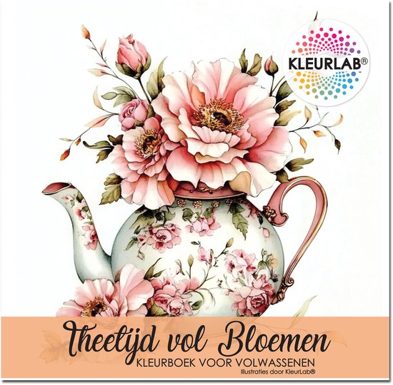 KleurLab® – Theetijd vol Bloemen – Kleurboek voor Volwassenen – 21 x 21 cm - Bloemen - Romantisch – 60 Kleurplaten op A4 – Enkelzijdig Bedrukt