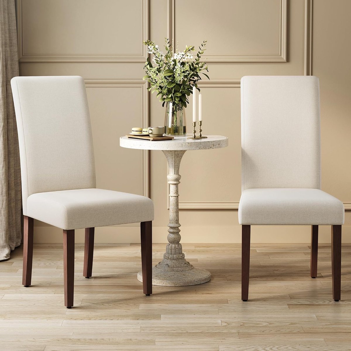 Luxe Crème Witte Parsons Eetkamerstoelen Set van 2 – Gestoffeerde Keukenstoelen met Dik Zitkussen 12 cm & Hoge Rugleuning 58 x 48 x 99 cm