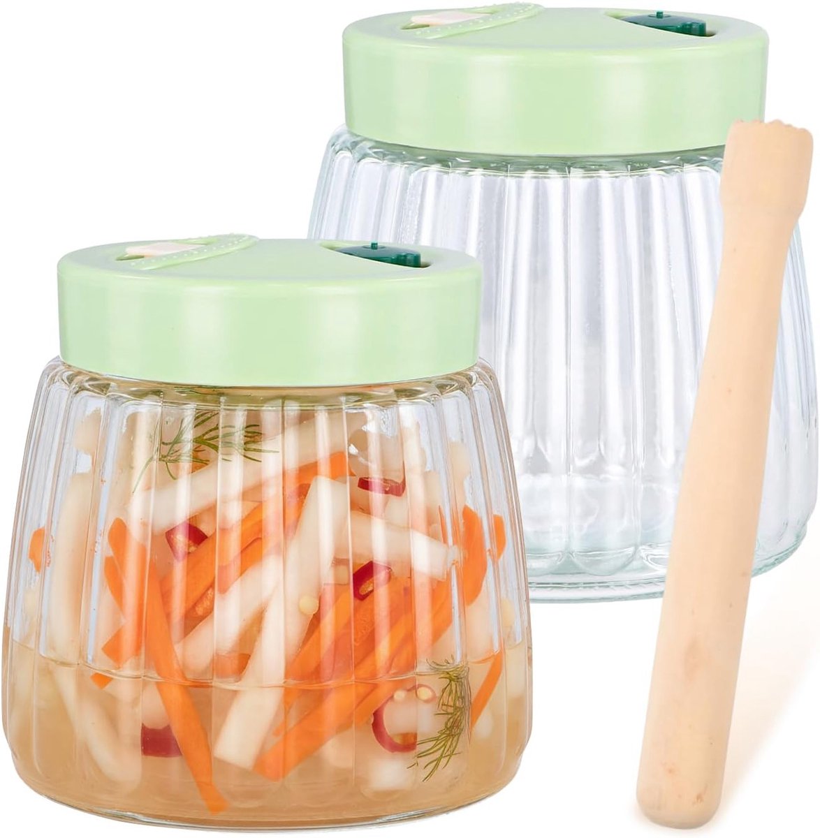 Set van 2 Fermentatiepotten 1L met Dubbele Ventiel, Glazen Potten voor Kimchi, Zuurkool en