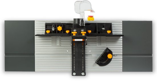 Grijze freestafel met uitklapbare zijtafels en een gele, zwarte en transparante bovenkant.