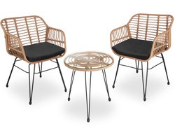 tectake® Tuinset Molfetta - Outdoor Wicker Zitgroep - Meubel voor 2 Personen - 3-delige Bistroset - Balkonmeubel - Tuinmeubelset met 2 Stoelen + Tafel - Kleine Weerbestendige Lounge voor Tuin, Balkon, Terras