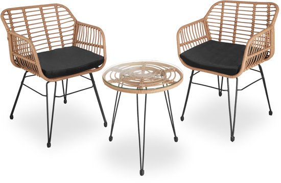 tectake® Tuinset Molfetta - Outdoor Wicker Zitgroep - Meubel voor 2 Personen - 3-delige Bistroset - Balkonmeubel - Tuinmeubelset met 2 Stoelen + Tafel - Kleine Weerbestendige Lounge voor Tuin, Balkon, Terras