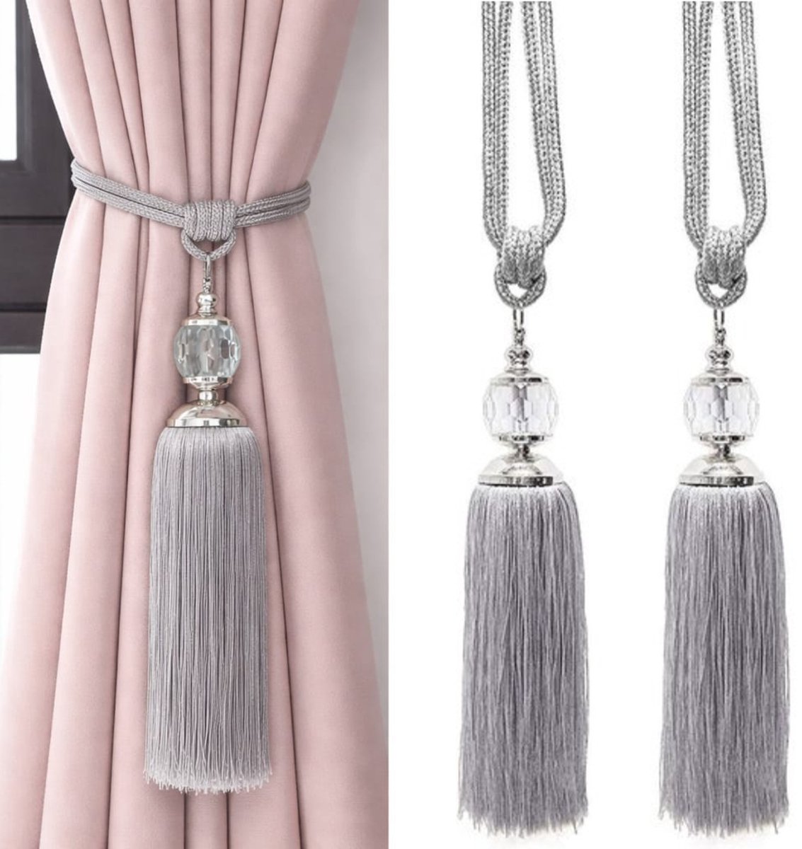 SB Line Luxe Gordijn Houder - Gordijnkwast met Koord – Licht Grijs – Decoratieve Gordijnband - 2 Stuks