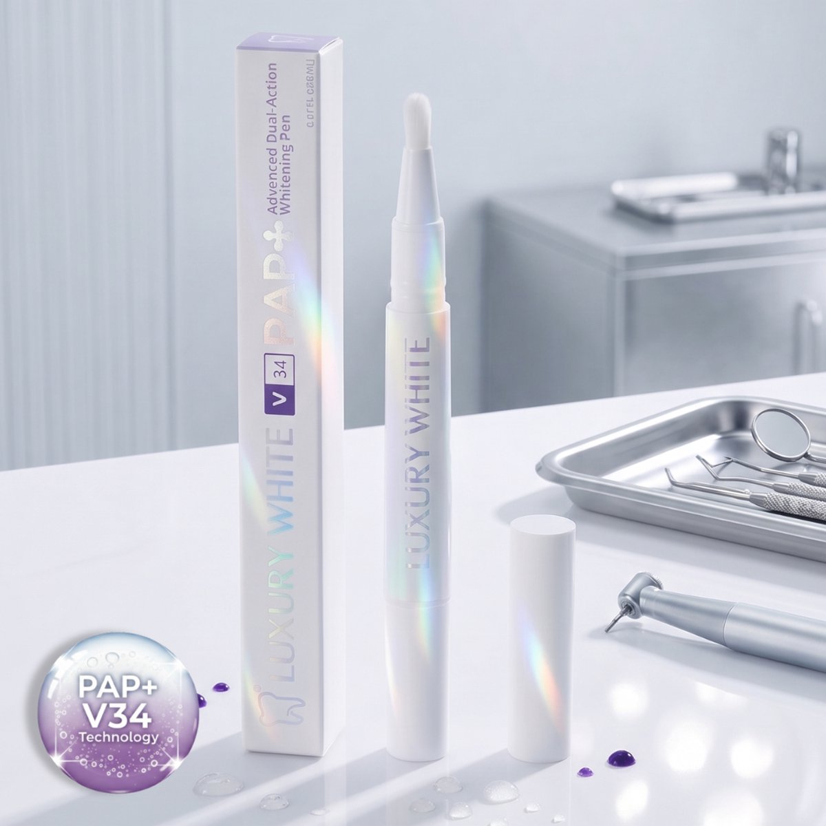 Luxury White - V34 X PAP+ Whitening Pen – Dual Action Whitening - Tandenbleek Pen – Whitening Strips - Witte Tanden Bleken - Whitestrips - Smile - Cresting Formula - Tandenbleek gel - Tandpasta - Peroxidevrij – Pure Ingrediënten – Luxe Smile – 2ml
