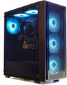 Zwarte computerkast met glazen zijkant, drie blauwe RGB-ventilatoren aan de voorkant en twee blauwe ventilatoren binnenin.