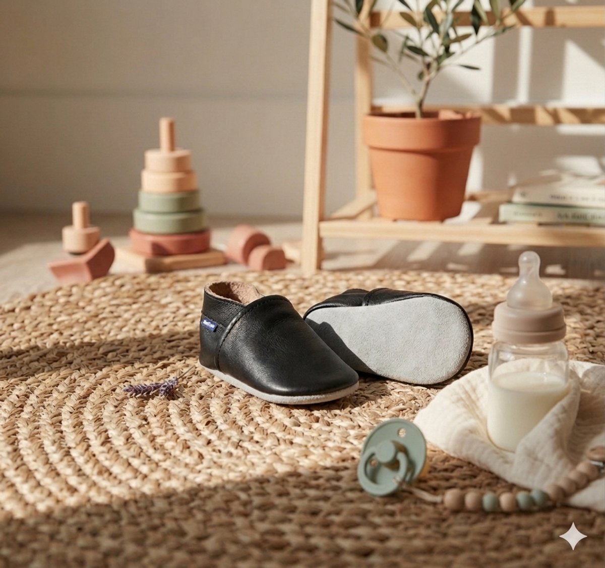 Stabifoot Babyslofjes – Zacht Leer – Cadeaudoos - Linnen zakje - Barefoot - BLACK 6 - 12