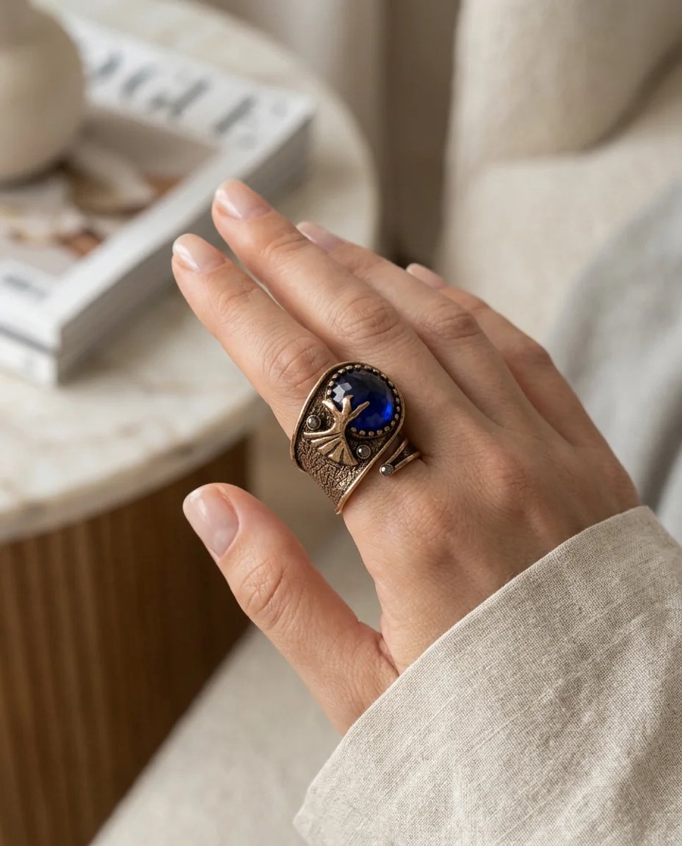 Dorvina Bronzen Dames Ring Antiek Sieraad Lacivert Kristallen Steen Mevlevi Model Verstelbaar Vintage Ring
