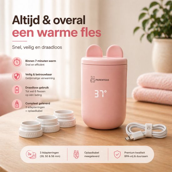 Parenteas Flessenverwarmer PRO Roze - Flessenwarmer - Onderweg - Draadloos - Draagbaar - Oplaadbare - USB - Baby Flessen - 4 Temperatuurniveaus - USB-C - Inclusief Adapters - Nachtgebruik - Roze Verwarmer van Merkloos — afbeelding 3