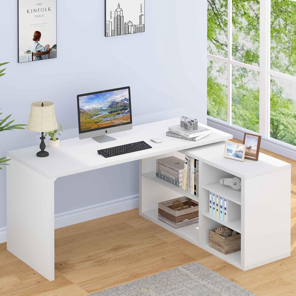 Hoekbureau L-vorm 140 cm Computerbureau met Opbergkasten en Planken Omkeerbaar Thuiskantoor Bureauwit Vermissen