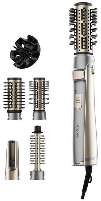 Cecotec stylingborstel met zilverkleurig handvat, gouden details en opzetstukken.