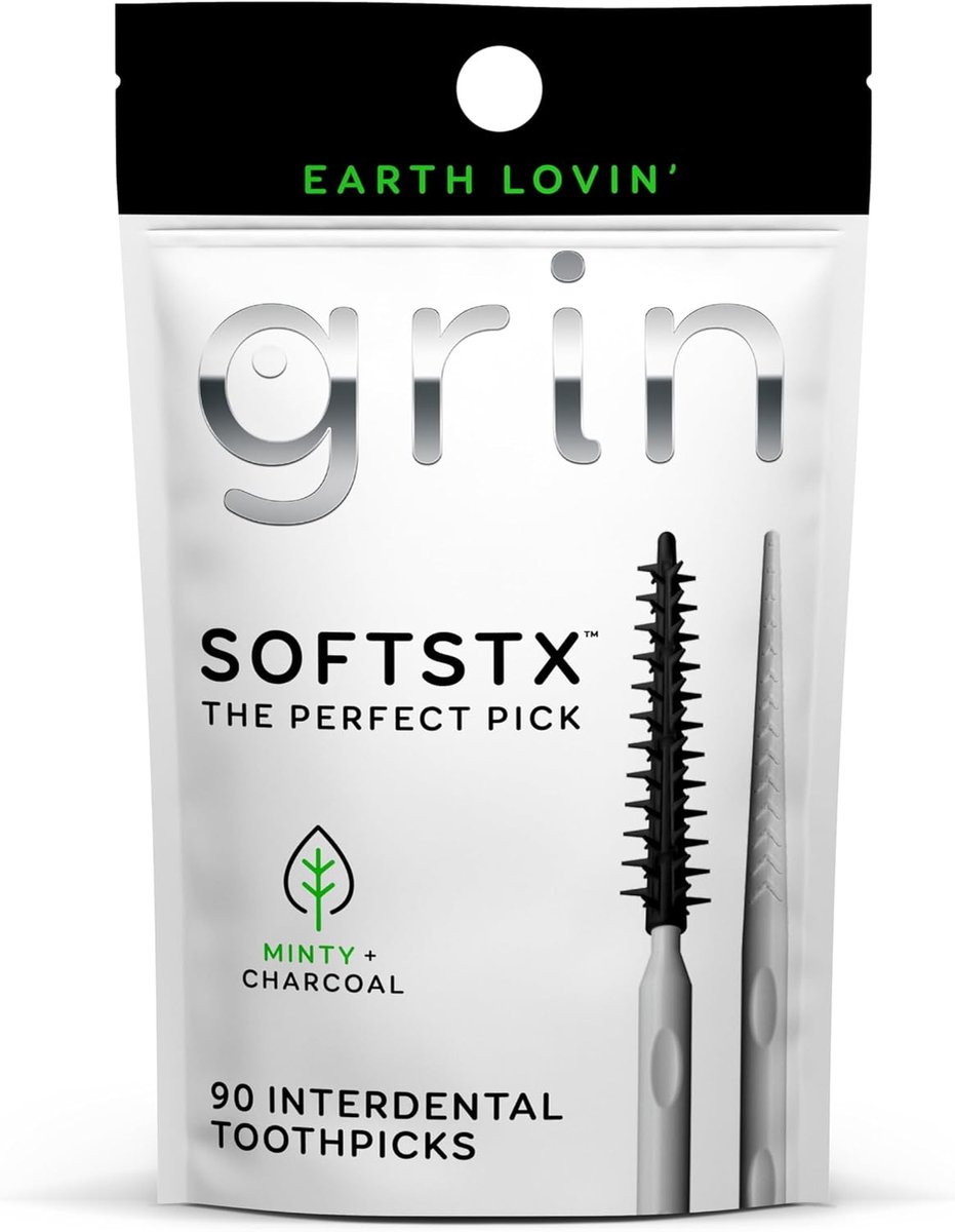 Grin Charcoal Infused Softstx, milde tandenstokers, 90 stuks, zachte, flexibele borstelharen, tandenstoker met textuur voor het verwijderen van tandplak, muntsmaak,