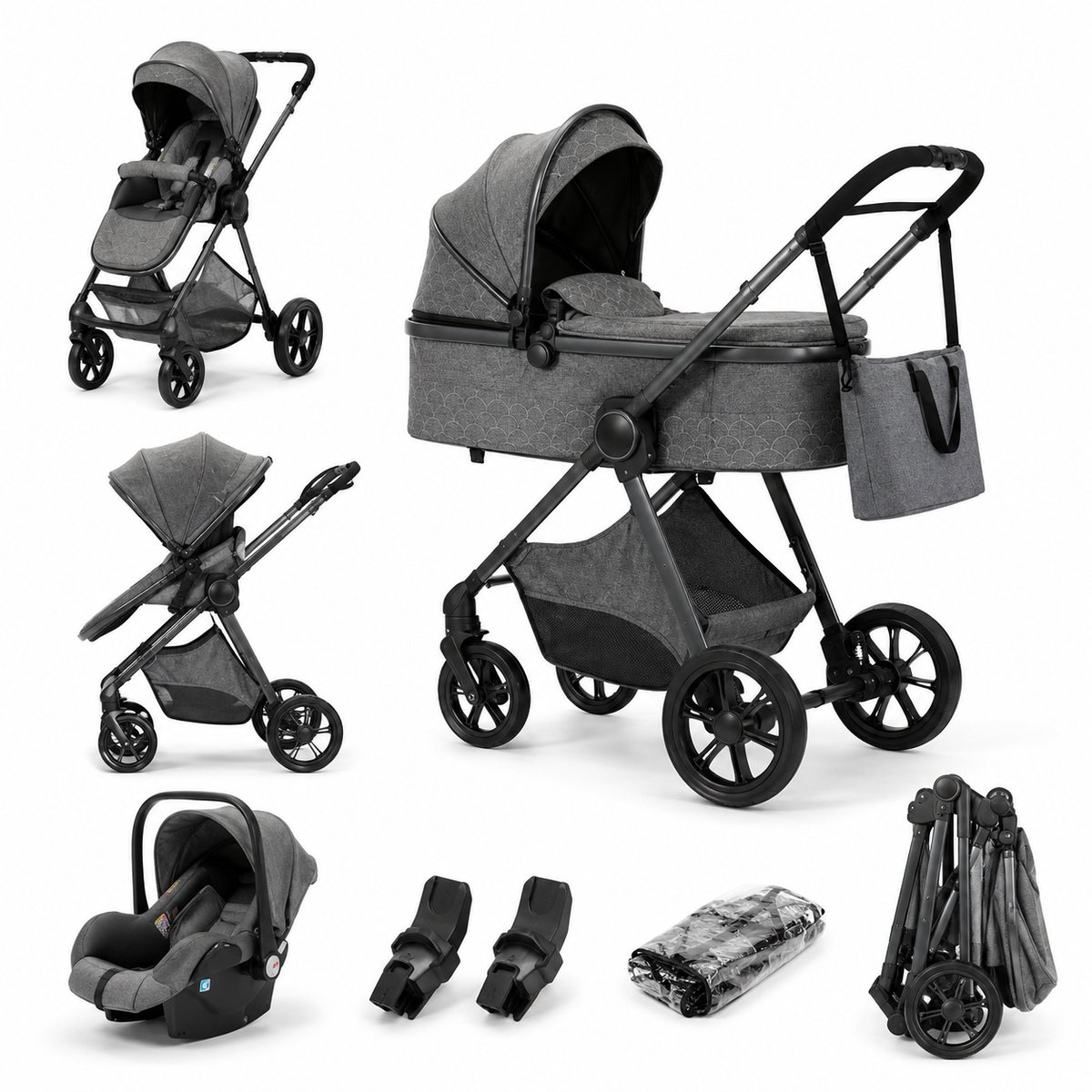 HOB Kinderwagen 3 in 1 - Kinderwagen - Buggy - Multifunctioneel - Incl Autostoel - 0 - 20 KG - Met Handige Tas - Grijs