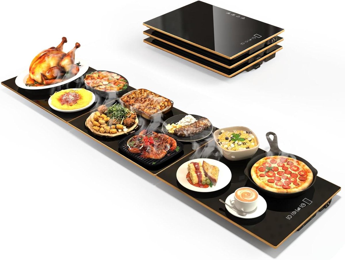 Elektrische Verwarmingsplaat - Buffet Warmer - Eten Warm Houden - Modulair Ontwerp - 122 cm Lang - Zwart en Goud