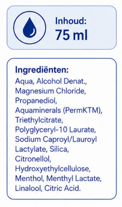 Ingrediëntenlijst met o.a. magnesium chloride en menthol.