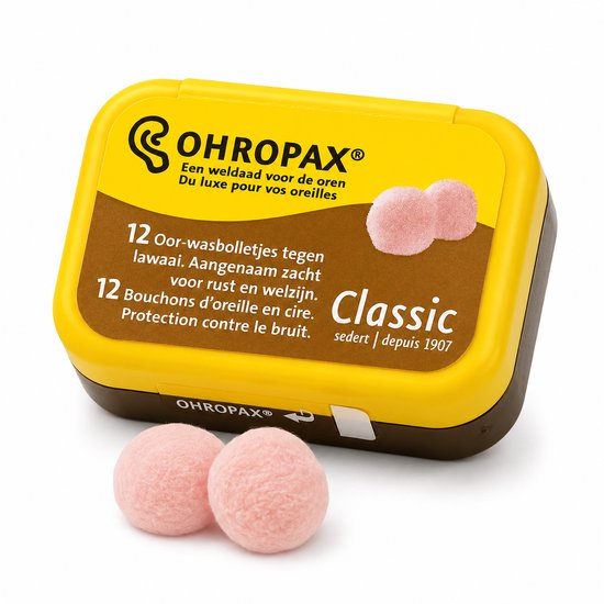 Geel en bruin doosje Ohropax Classic, met 12 zachtroze oordopjes. Tekst: 'Een weldaad voor de oren'.