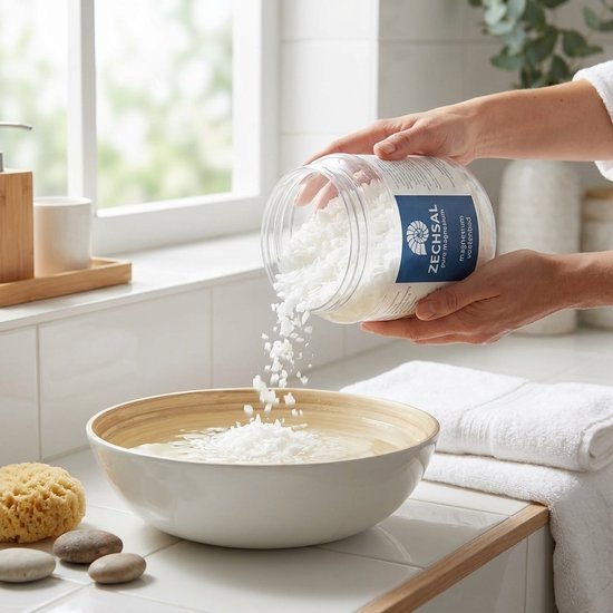Handen voegen witte magnesiumvlokken toe aan een voetenbad met water. Pot Zechsal wordt vastgehouden. Badkamer omgeving.