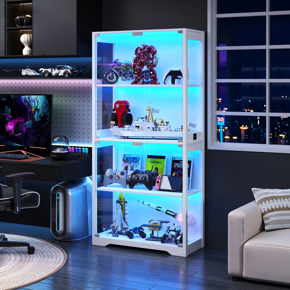 BROTTAR- Glazen vitrine met deuren - LED-verlichting - 4 niveaus - Wit design
