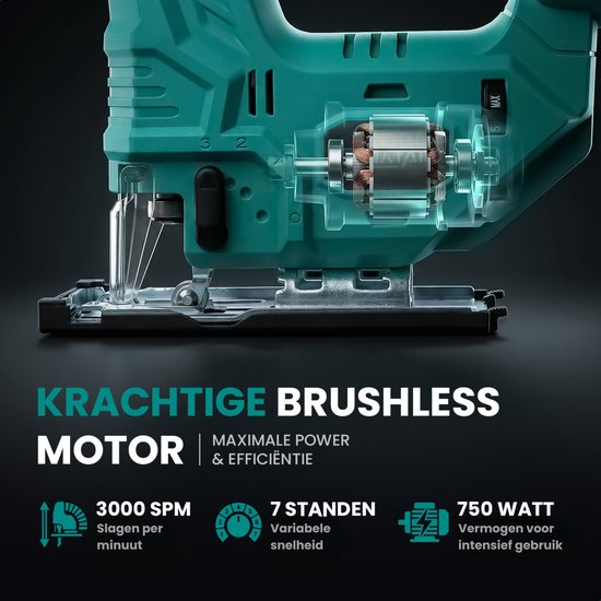 Gedetailleerde weergave van de turquoise ProXtar decoupeerzaag met zichtbare motor, 3000 SPM, 7 snelheidsstanden en 750 watt vermogen.