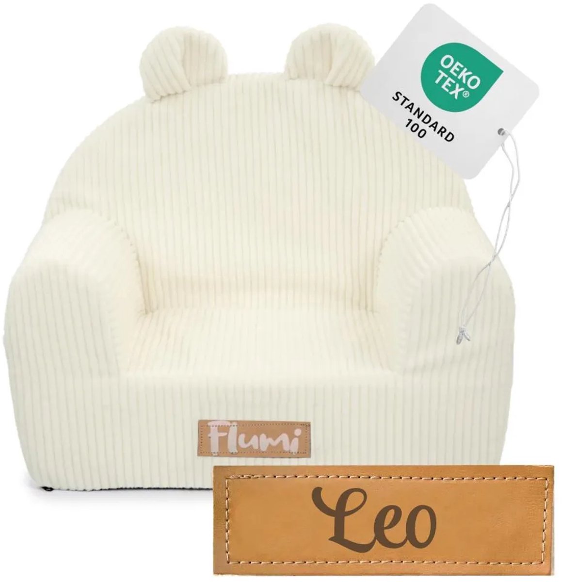 Flumi - Kinderfauteuil - Corduroy kinderstoel ecru - Met oortjes - Gepersonaliseerd met naamgravure