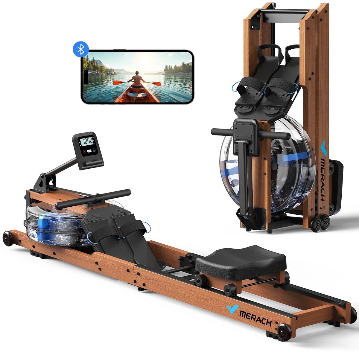 M-Goods - Roeimachine Waterweerstand - Opvouwbare Roeitrainer - Bluetooth App - Houten Roeimachine - Tot 180KG