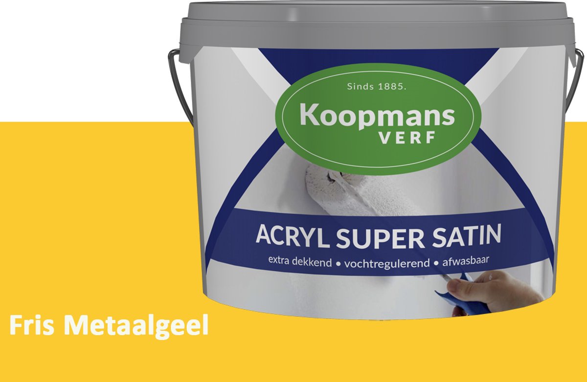 Koopmans Acryl Super Satin Zijdeglans Muurverf – Reinigbare Binnen- en Buitenverf voor Muren & Plafonds – Fris Metaalgeel – 1 l